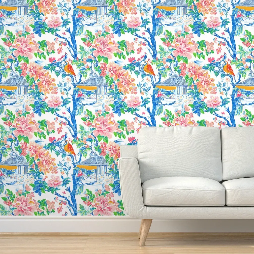 Chinoiserie Garden Bird Floral Peel and Stick Wallpaper - Blue product