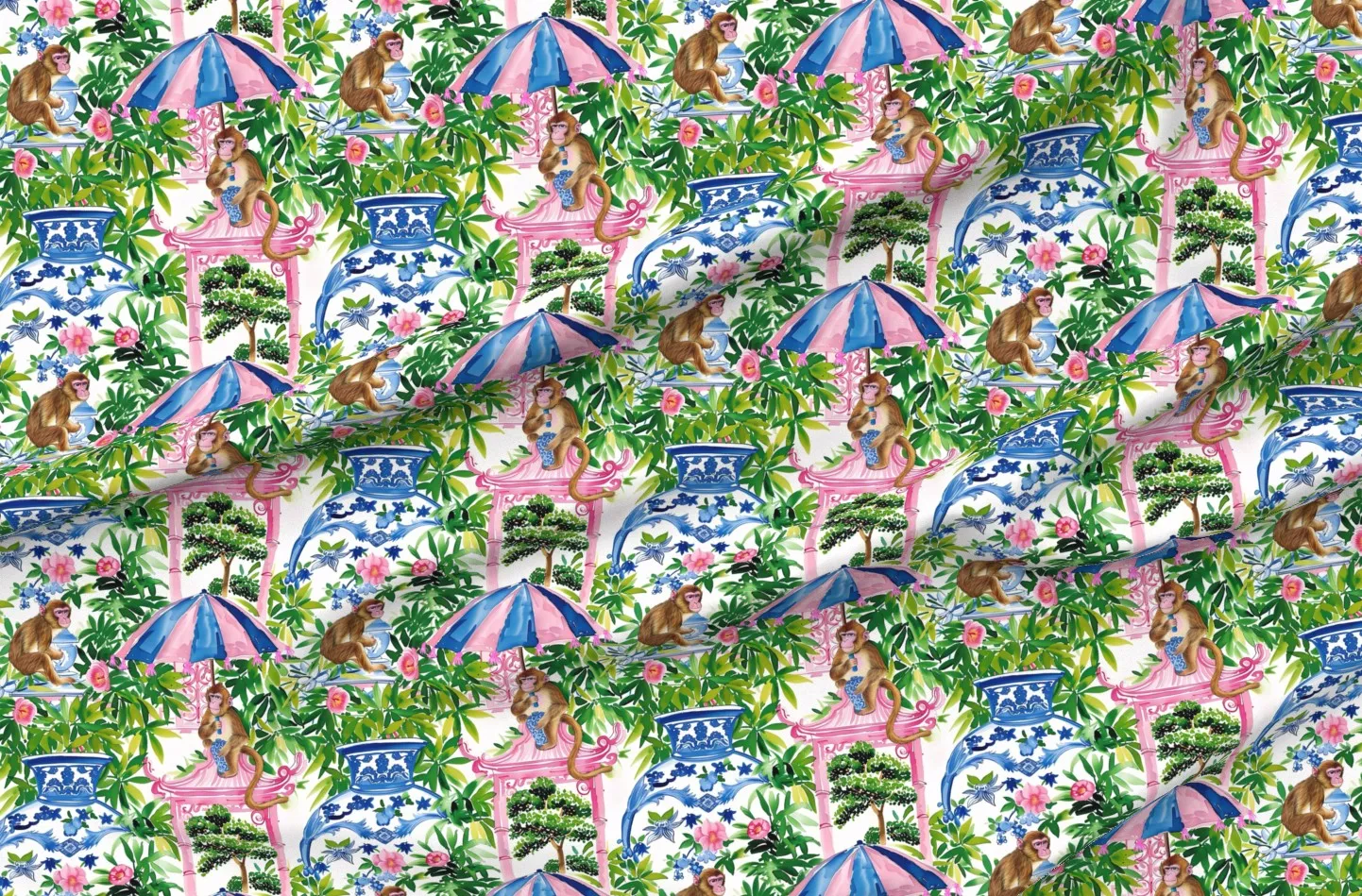 Chinoiserie Garden Monkeys Fabric Yardage - Pink, Sport Pique product