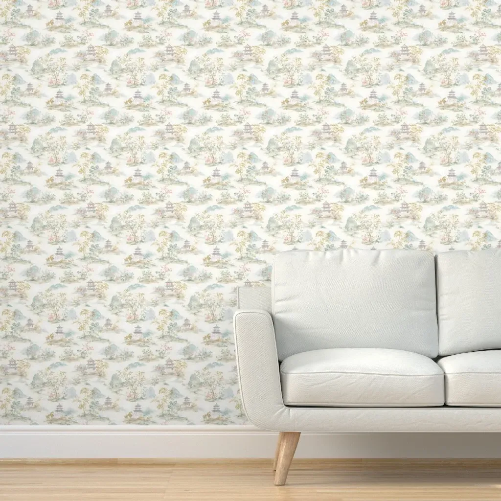 Chinoiserie Garden Mountains & Clouds Peel and Stick Wallpaper - Green product
