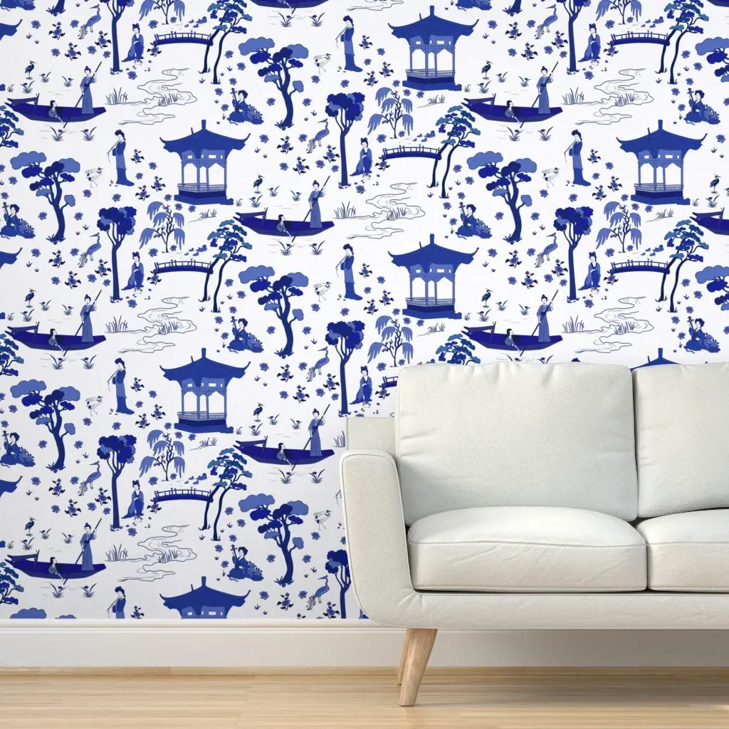 Chinoiserie Garden Toile De Jouy Peel and Stick Wallpaper - Blue product