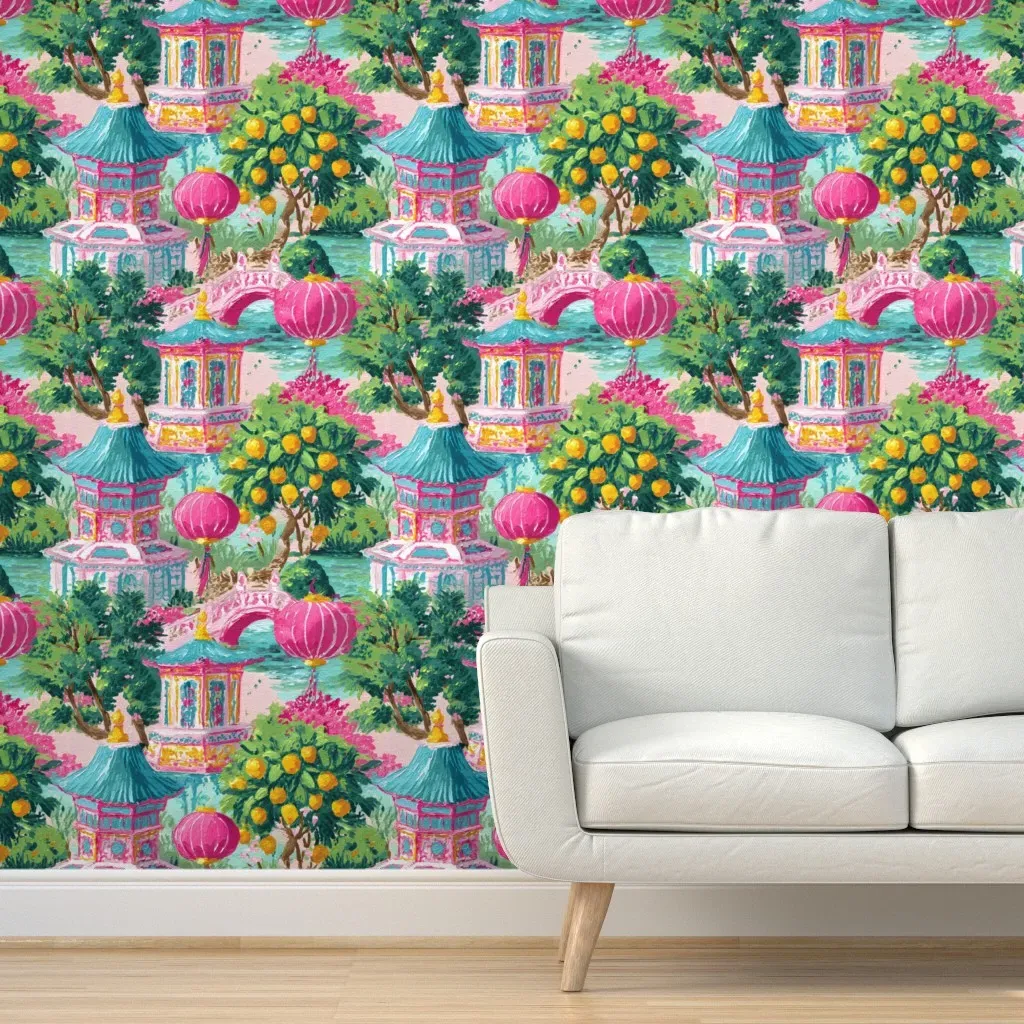 Chinoiserie Garden with Lemons Peel and Stick Wallpaper - Pink product