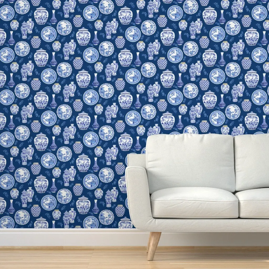Chinoiserie Ginger Jars Peel and Stick Wallpaper - Blue, White product