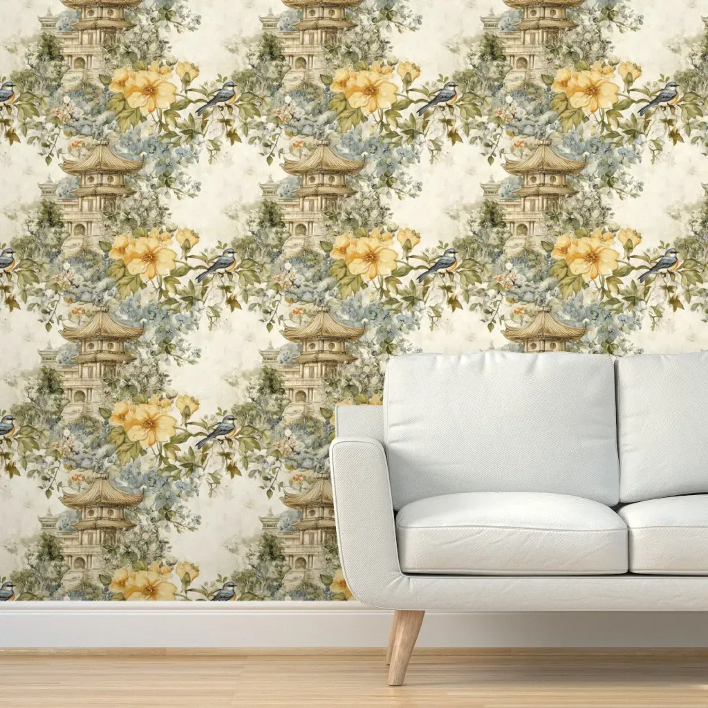 Chinoiserie Japanese Pagoda Birds Ivy Peel and Stick Wallpaper - Yellow product