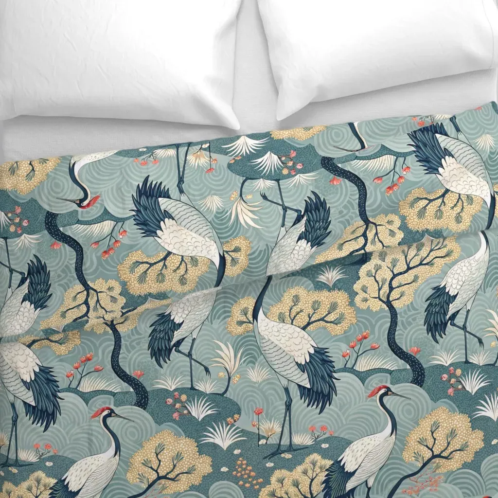 Chinoiserie Lake Cranes Duvet Cover - Teal alternate view