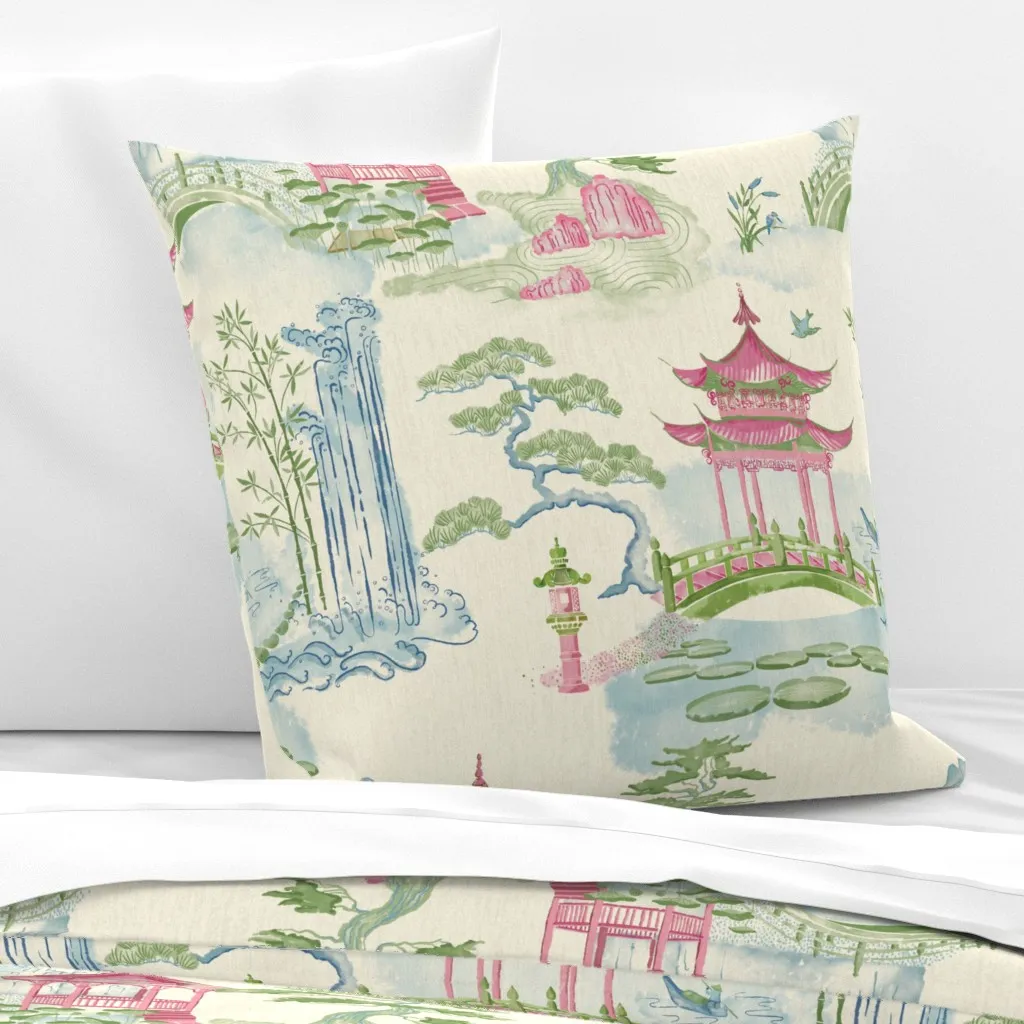 Chinoiserie Landscape Pagoda Waterfall Euro Pillow Sham - Pink product