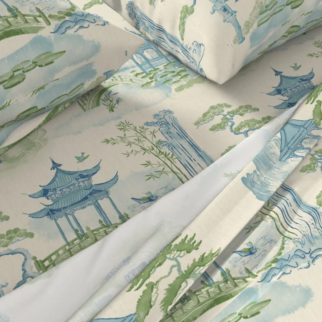 Chinoiserie Landscape Pagoda & Waterfall Full Sheet Set - Blue alternate view