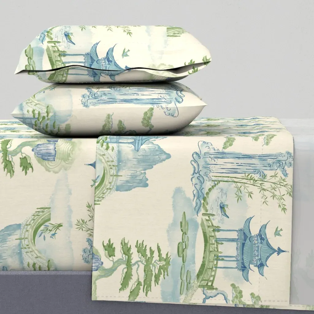 Chinoiserie Landscape Pagoda & Waterfall Full Sheet Set - Blue product