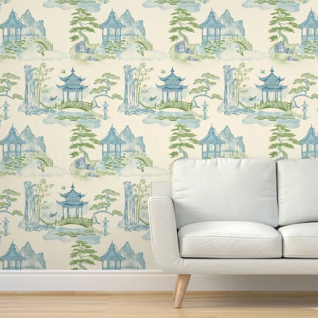 Chinoiserie Landscape Pagoda Waterfall Peel and Stick Wallpaper - Blue product