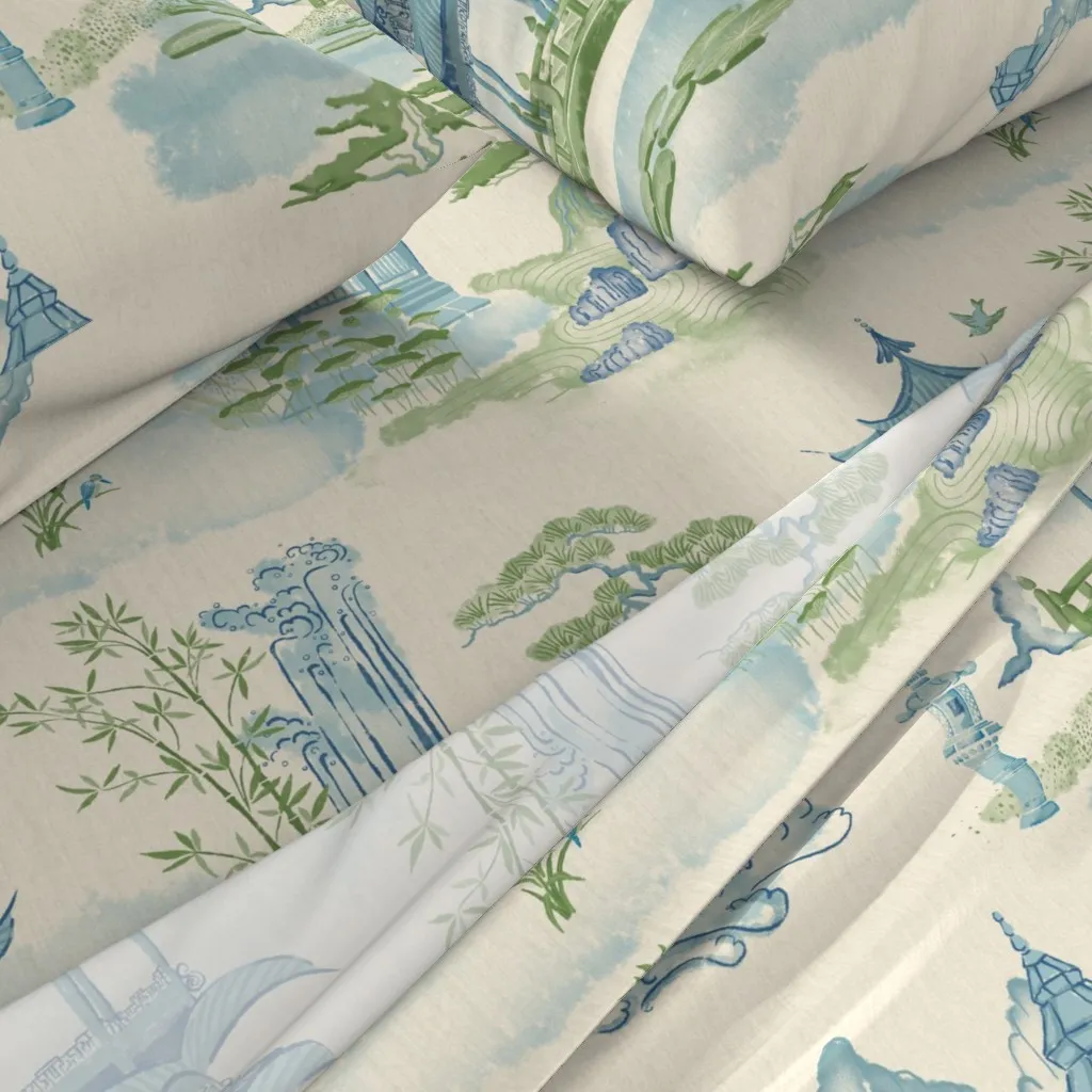 Chinoiserie Landscape Pagoda Waterfall Queen Sheet Set - Blue alternate view