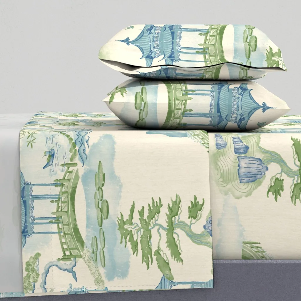 Chinoiserie Landscape Pagoda Waterfall Queen Sheet Set - Blue product