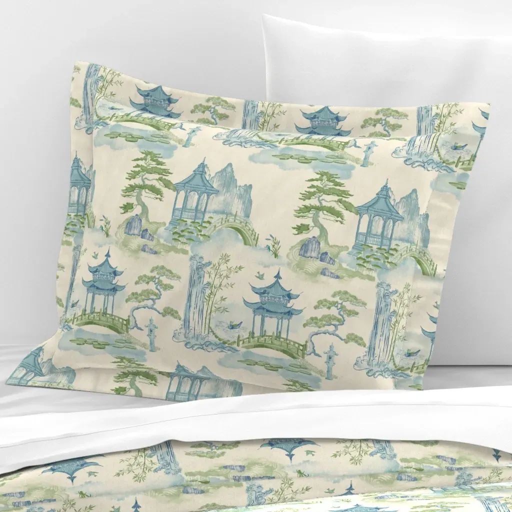 Chinoiserie Landscape Pagoda Waterfall Standard Flanged Pillow Sham - Blue, Cotton Sateen product