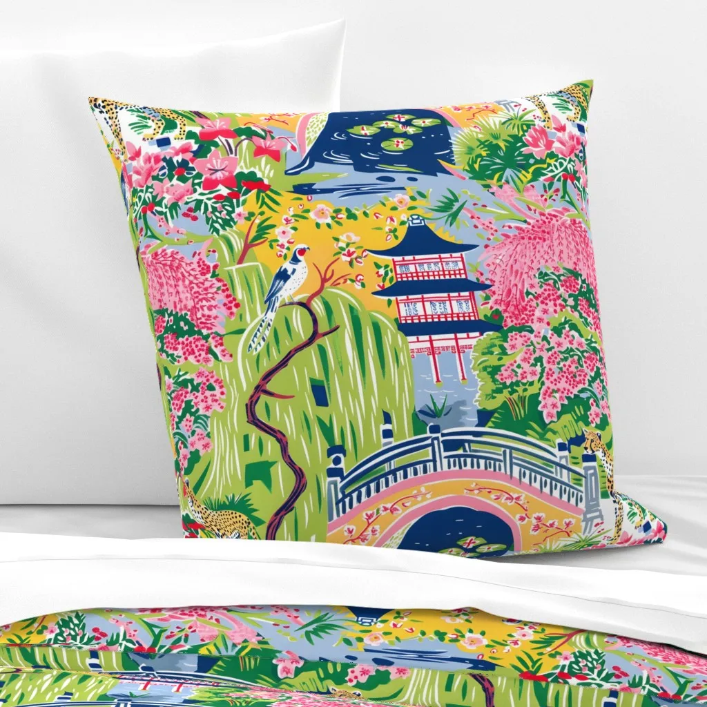 Chinoiserie Monet Garden Cheetah Blue Pagoda Euro Pillow Sham - Pink product