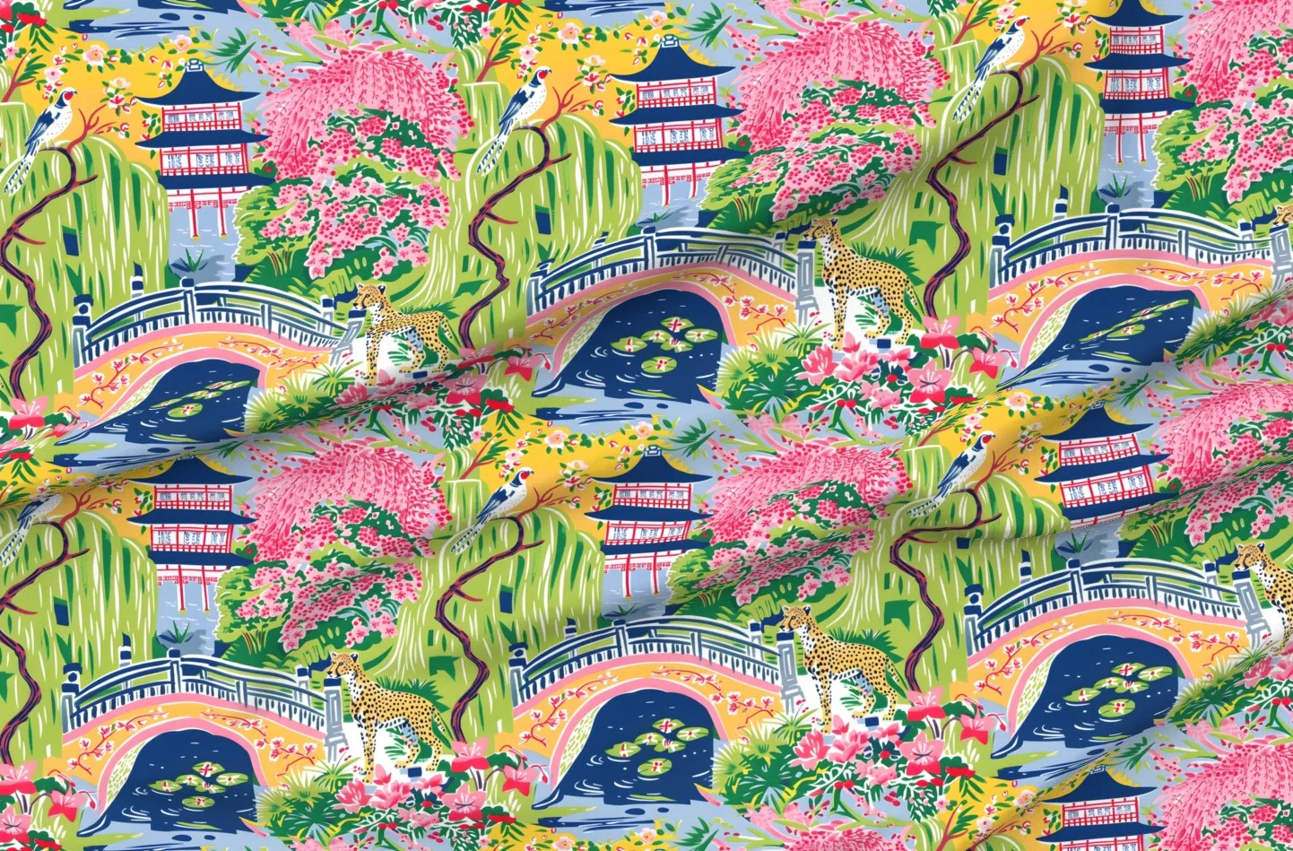Chinoiserie Monet Garden Cheetah Pagoda Fabric - Pink product