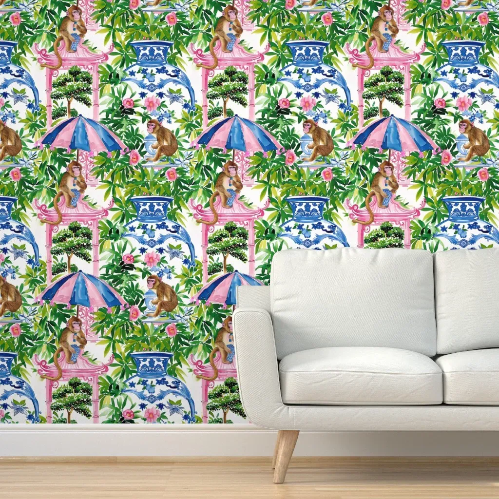 Chinoiserie Monkeys Garden Peel and Stick Wallpaper - Pink product