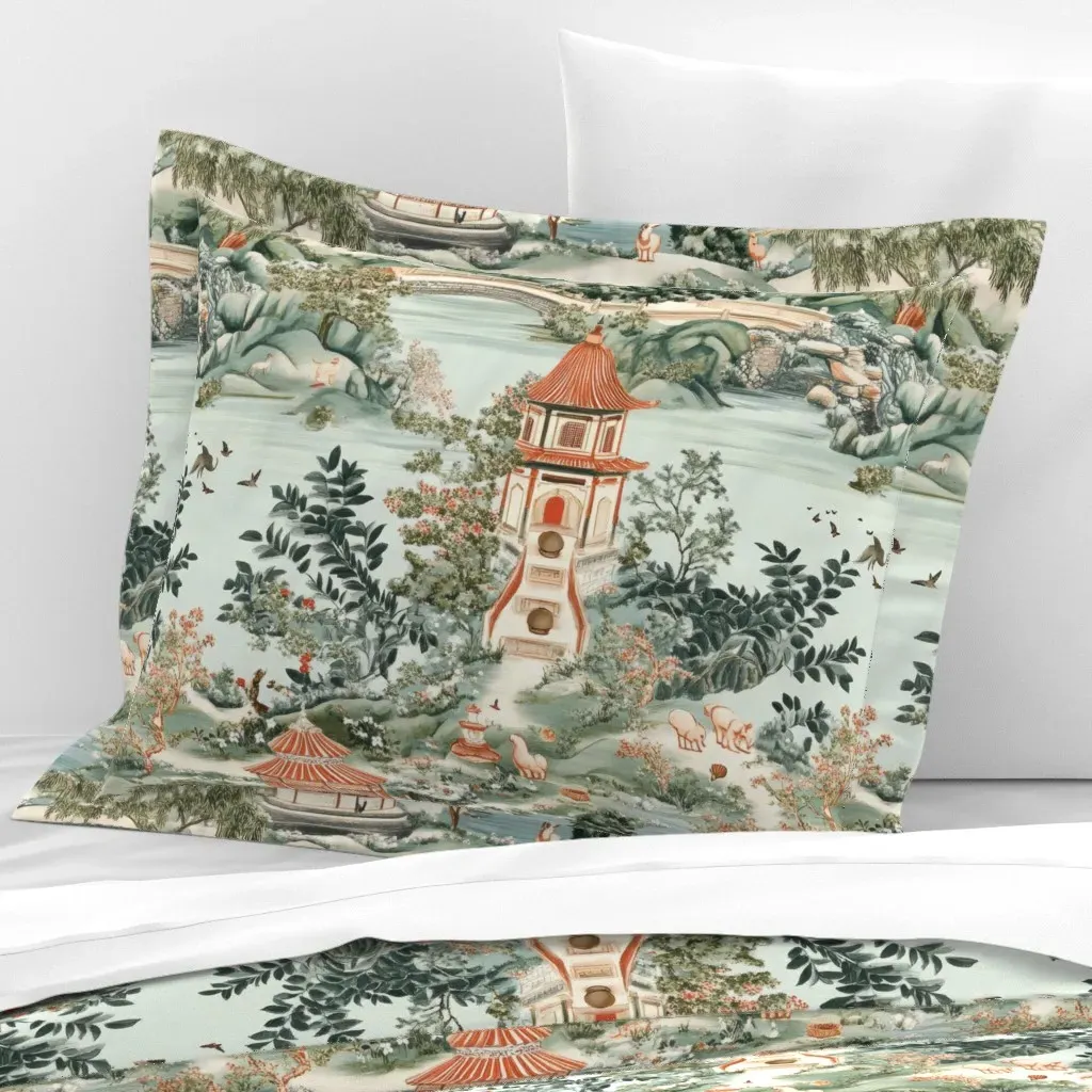 Chinoiserie Naturescape Pagodas Standard Flanged Pillow - Green, Cotton Sateen product