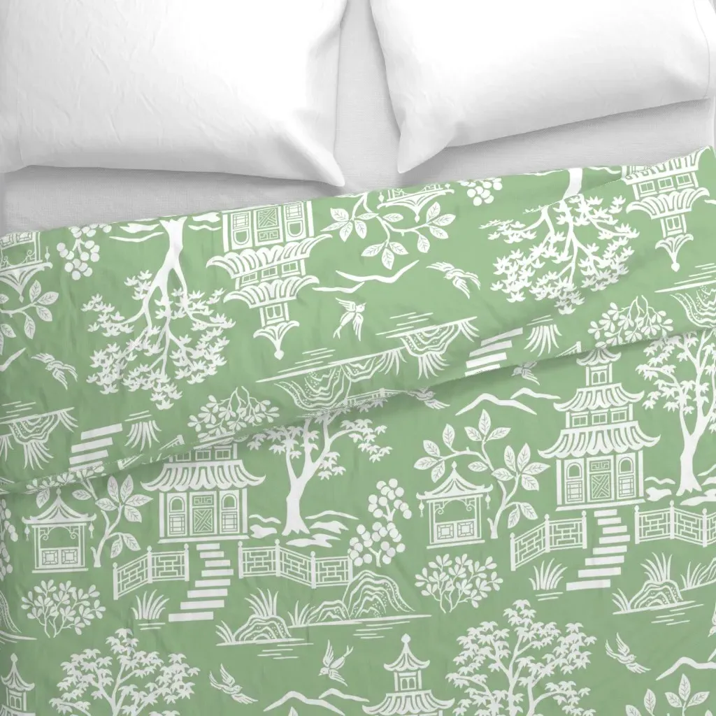 Chinoiserie Pagoda Duvet Cover - Green, White alternate view