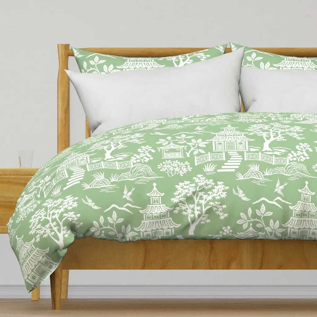 Chinoiserie Pagoda Duvet Cover - Green, White product