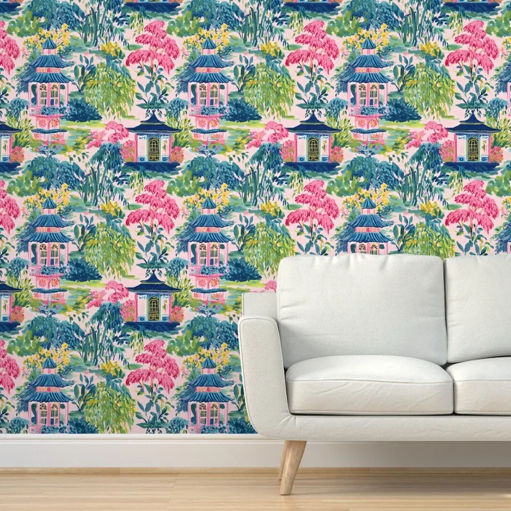 Chinoiserie Pagoda Peel and Stick Wallpaper - Pink product