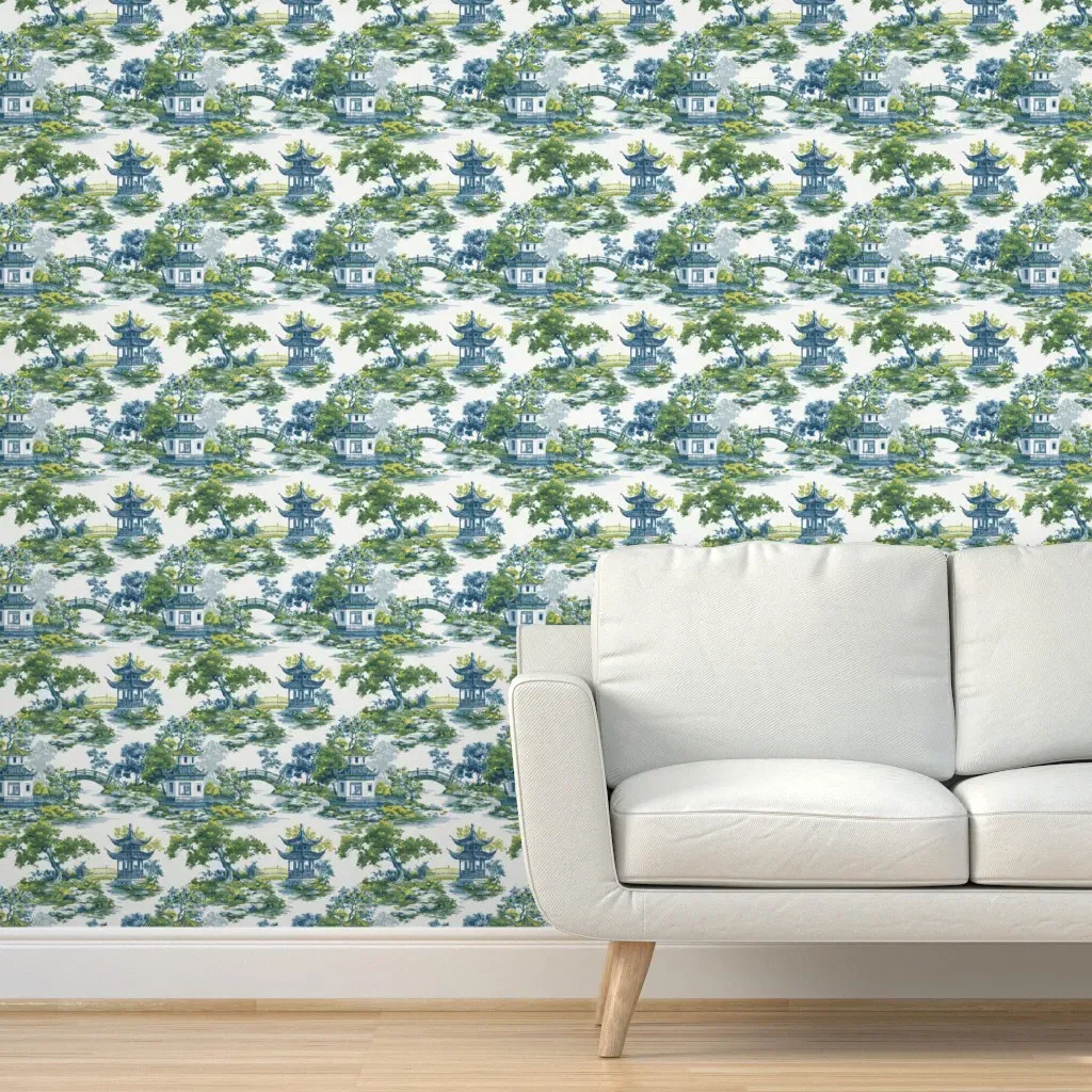 Chinoiserie Pastoral Toile Peel and Stick Wallpaper - Blue Green product