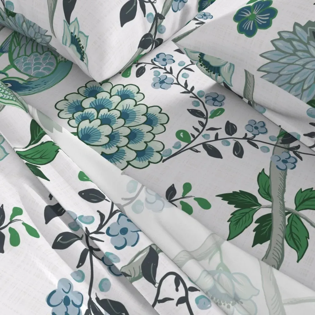 Chinoiserie Peacock Birds King Size Sheet Set - Teal, Linen alternate view