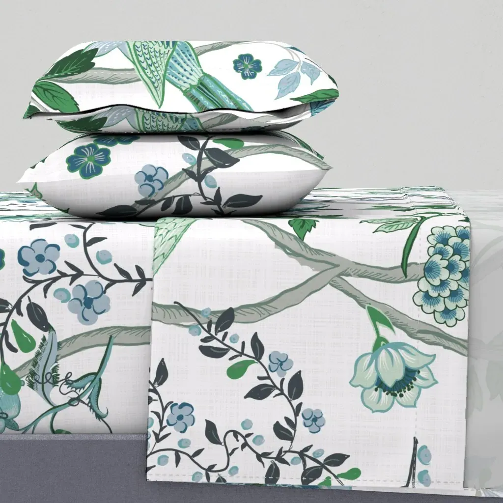 Chinoiserie Peacock Birds King Size Sheet Set - Teal, Linen product