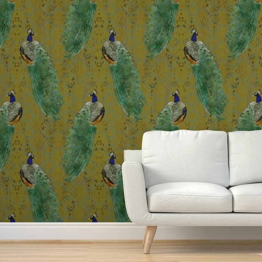 Chinoiserie Peacock Vintage Peel and Stick Wallpaper - Sage Green, Gold product