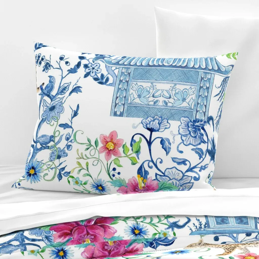 Chinoiserie Peacock Willow Pagoda Standard Pillow - Blue, Cotton Sateen product