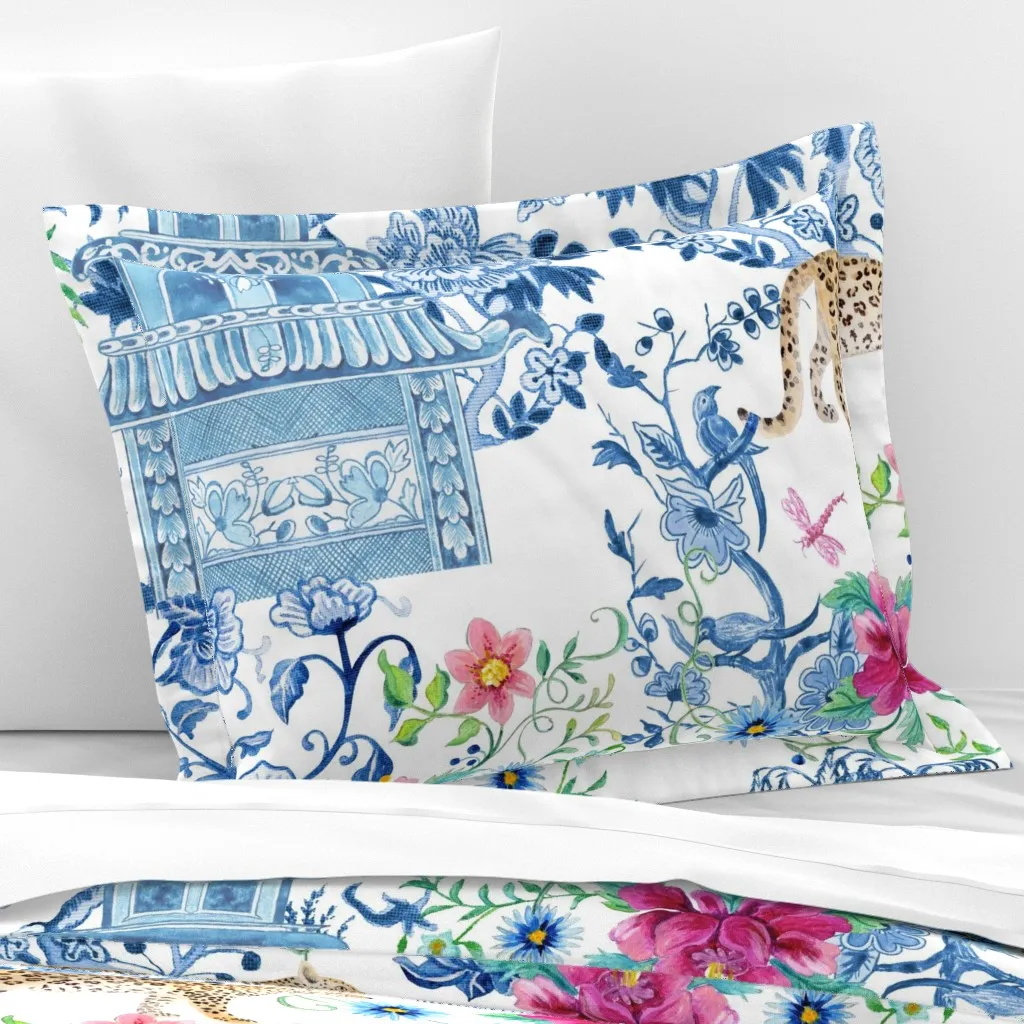 Chinoiserie Peacock Willow Tree Pagoda Floral Standard Pillow Sham - Blue, Cotton Sateen product