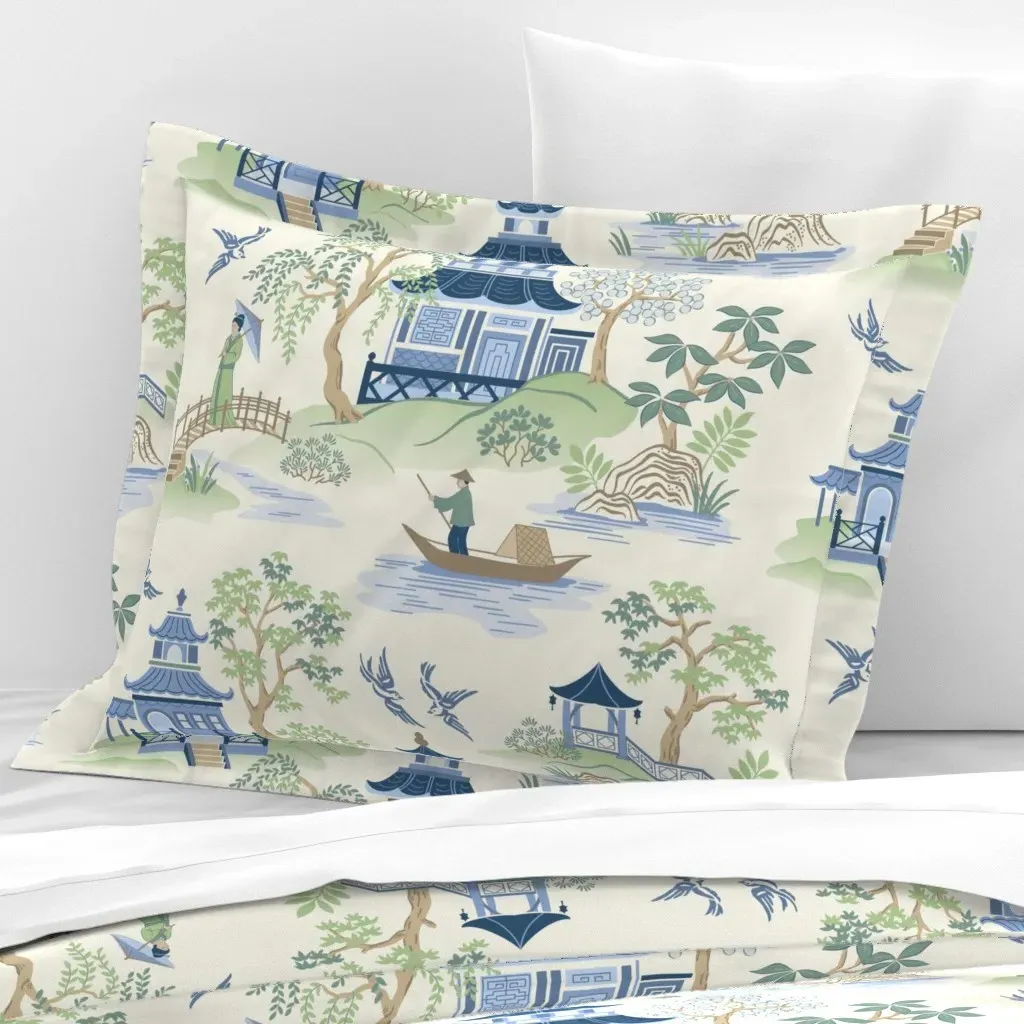 Chinoiserie Standard Flanged Pillow Sham - Blue, Cotton Sateen product