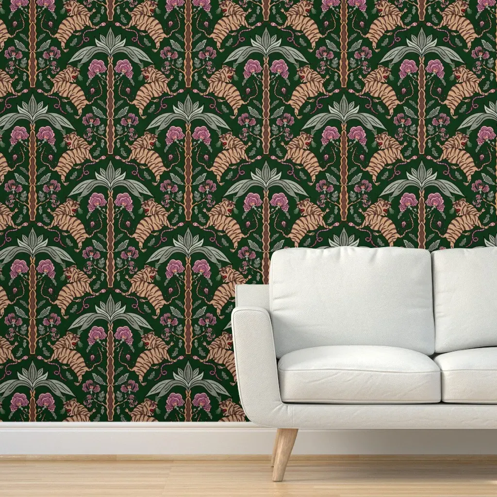 Chinoiserie Tigers & Palm Trees Peel and Stick Wallpaper - Tan Pink on Emerald Green product
