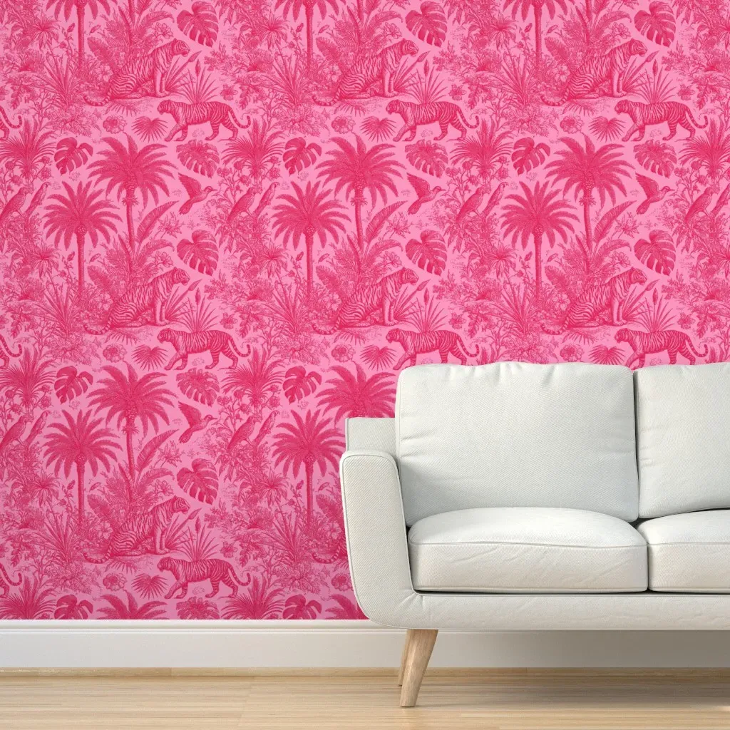 Chinoiserie Tigers Vintage French Toile Peel and Stick Wallpaper - Pink product