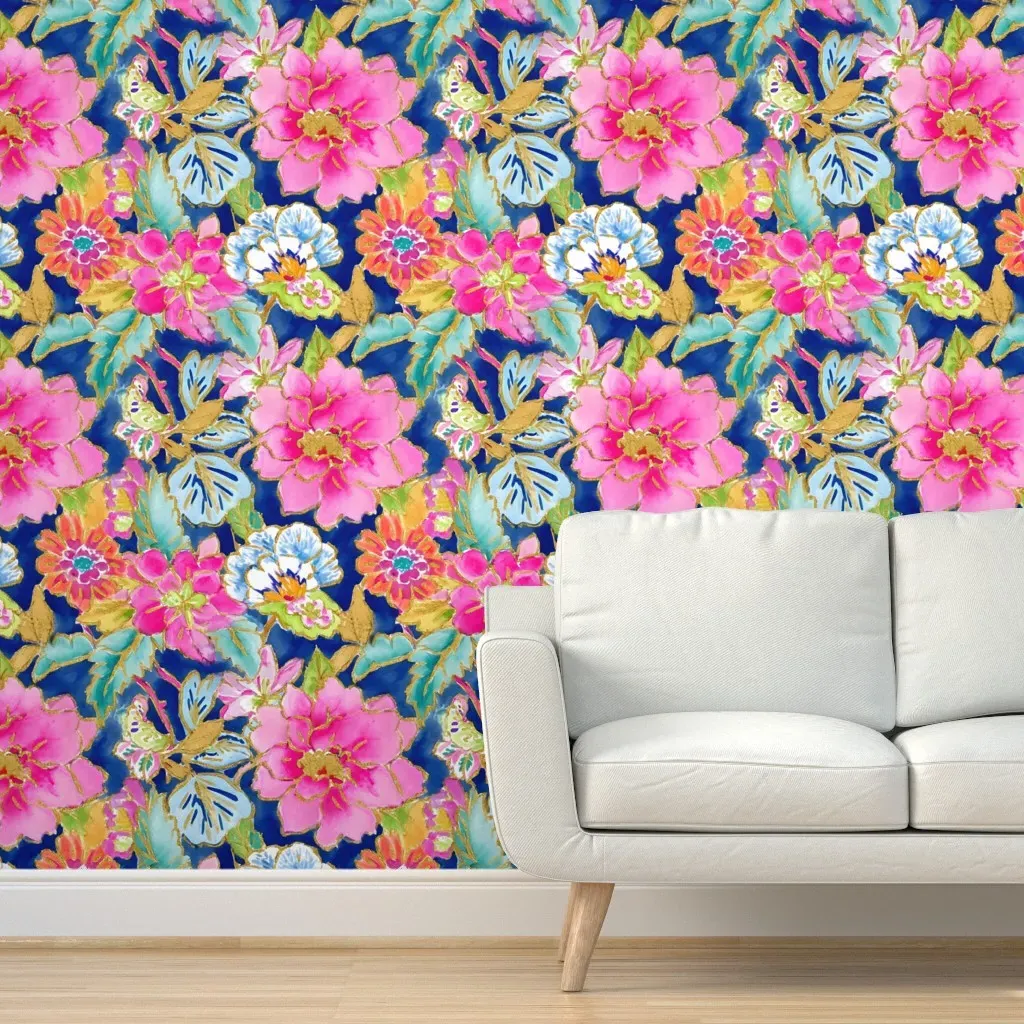 Chinoiserie Tobacco Leaves & Flowers Peel and Stick Wallpaper - Pink product