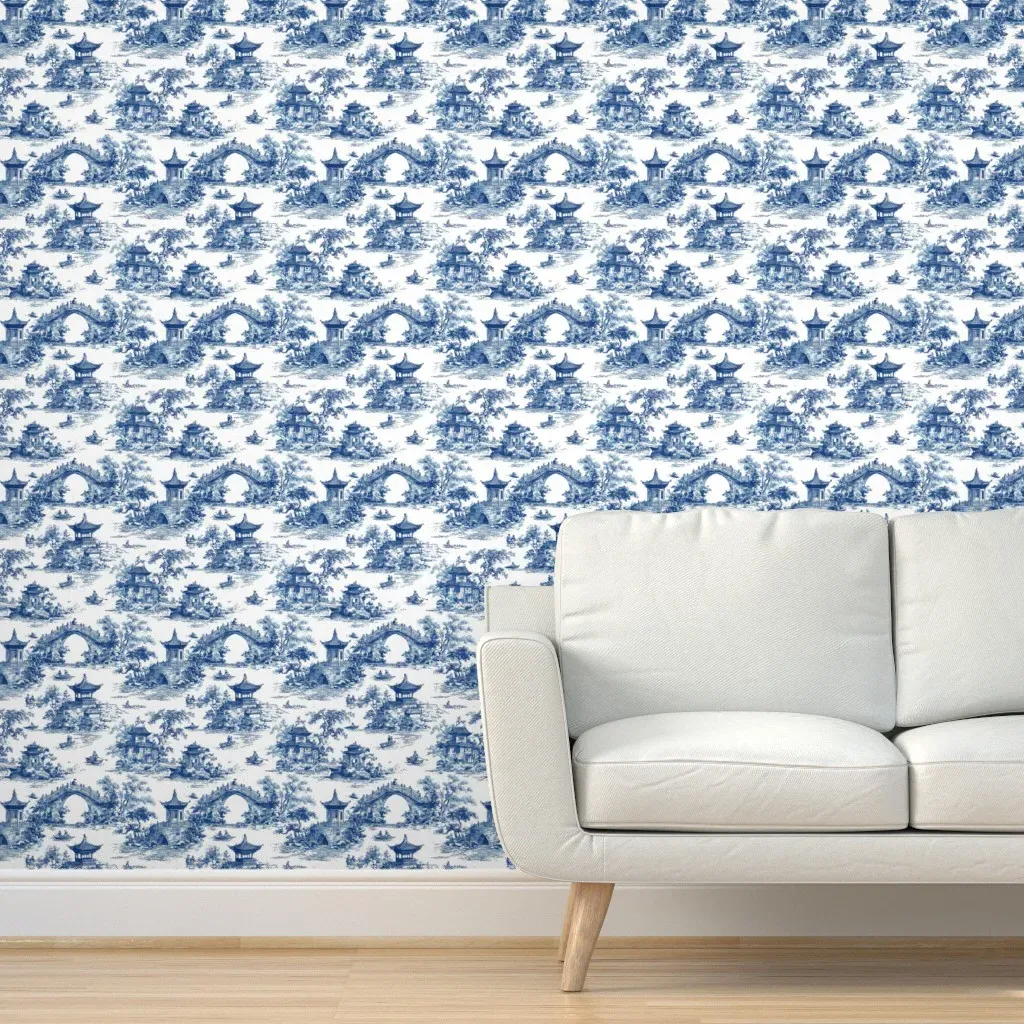 Chinoiserie Toile Bridges & Boats Peel and Stick Wallpaper - Blue product