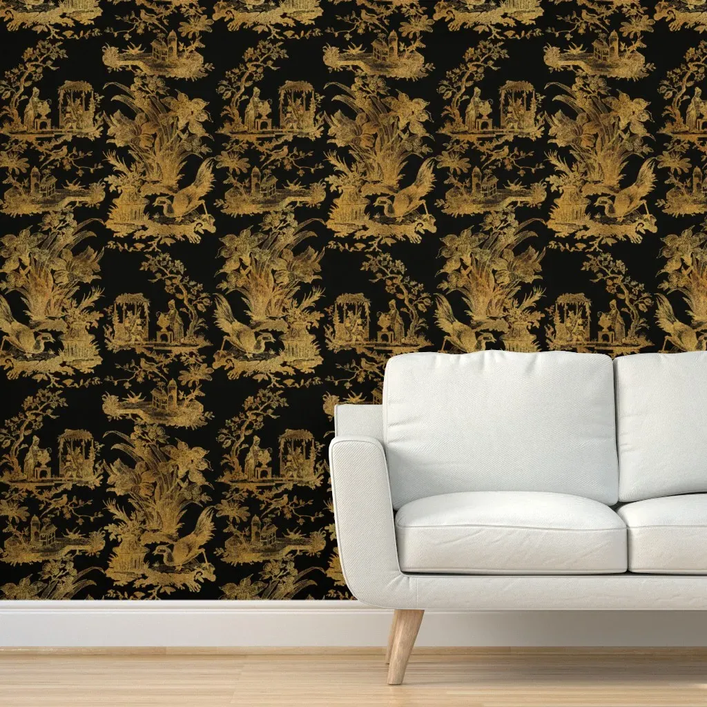 Chinoiserie Toile Gilt Lacquerware Peel and Stick Wallpaper - Black product