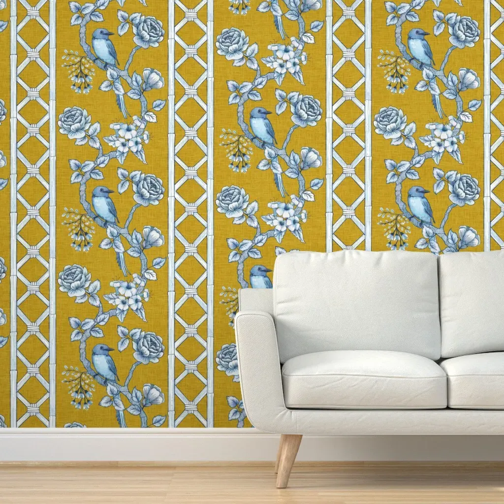 Chinoiserie Trellis Stripe Peel and Stick Wallpaper - Mustard Yellow product
