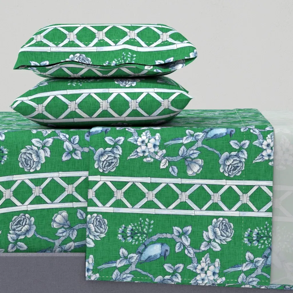 Chinoiserie Trellis Stripe Queen Sheet Set - Green product