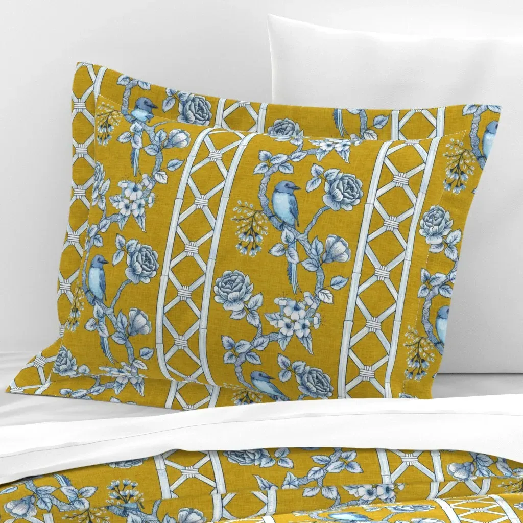 Chinoiserie Trellis Stripe Standard Flanged Cushion - Mustard Yellow, Cotton Sateen product