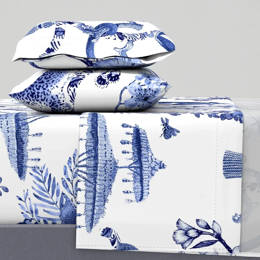 Chinoiserie Whimsy Queen Sheet Set - Blue, White product