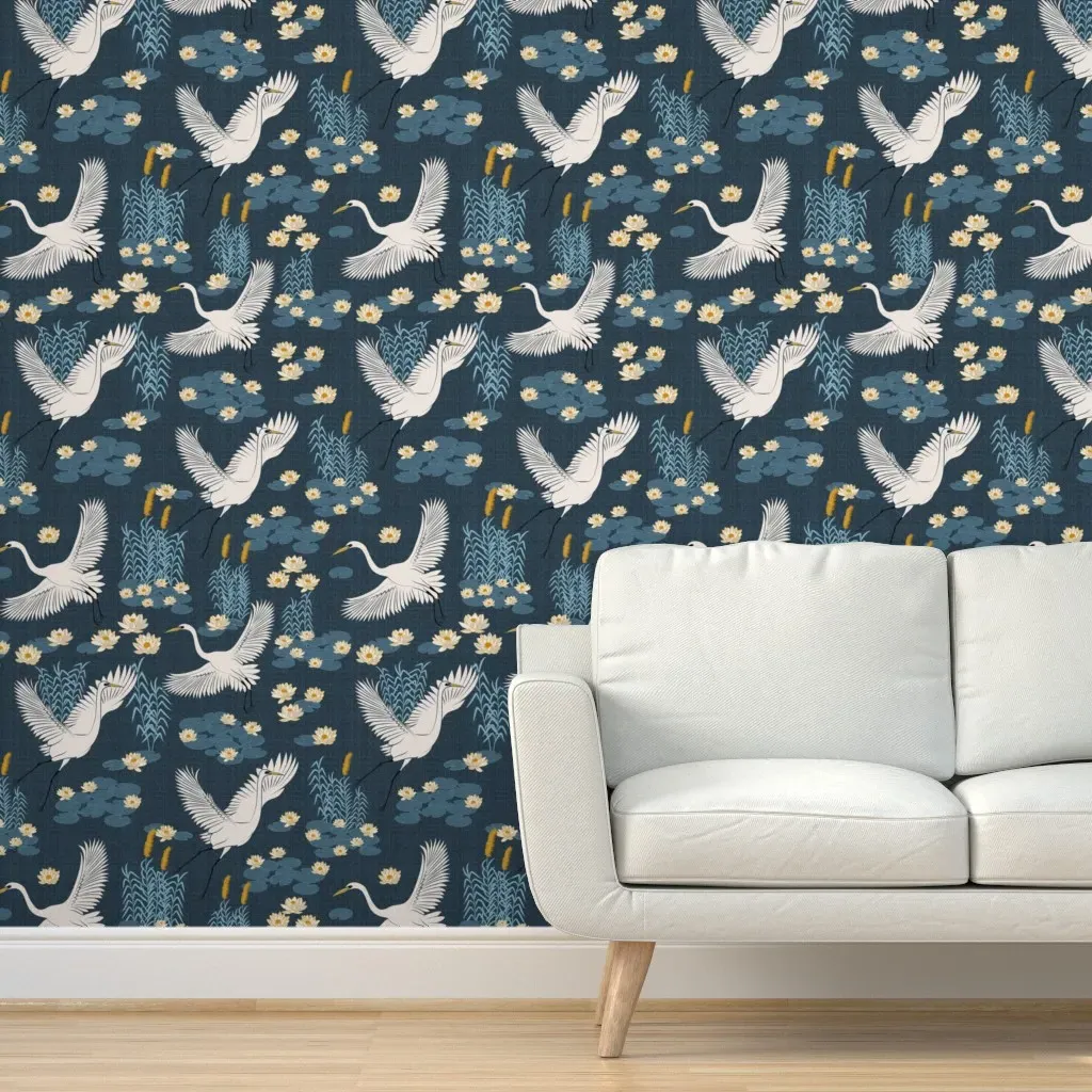 Chinoiserie White Herons In The Blue Lagoon Peel and Stick Wallpaper - White product