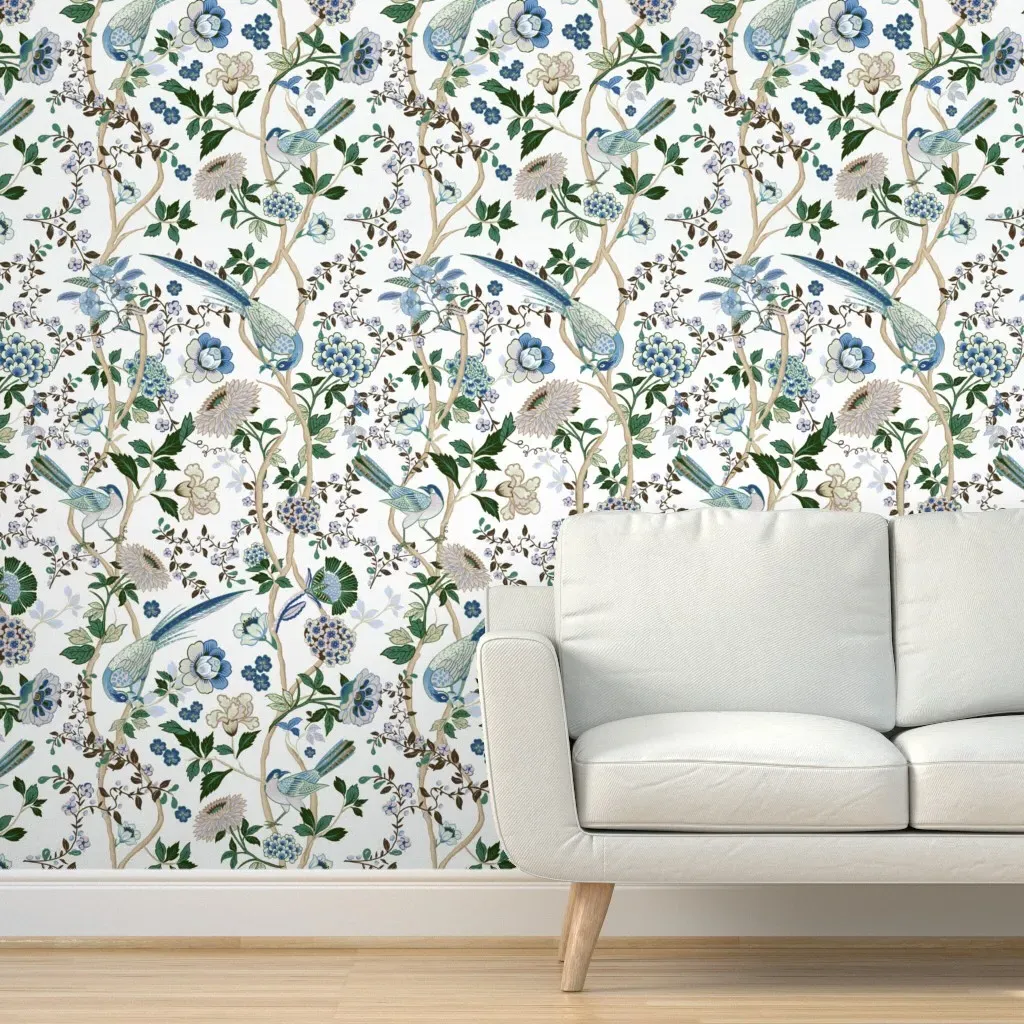 Chintz Chinoiserie Spring Birds Flowers Peel and Stick Wallpaper - Blue product