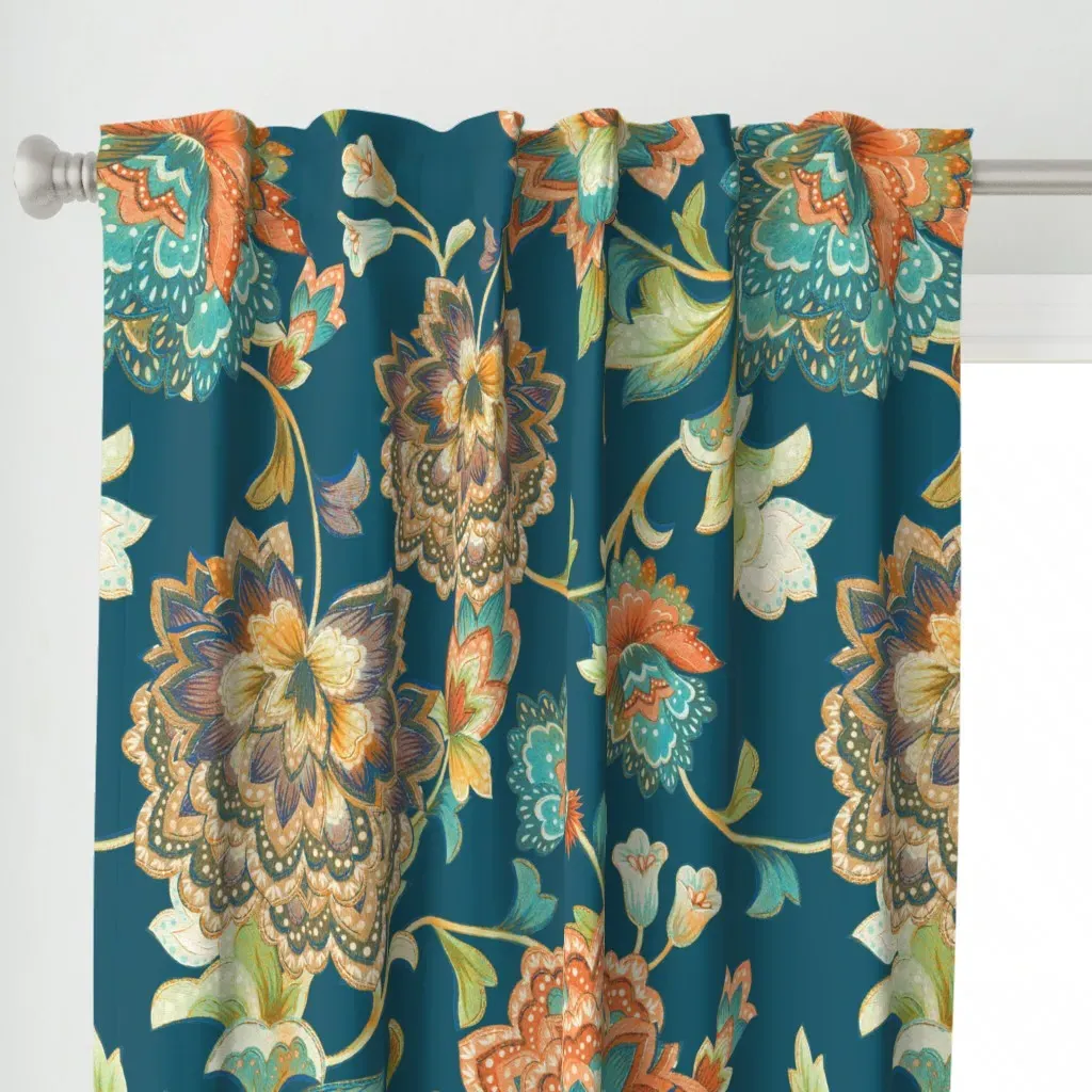 Chintz White Orange B Curtain Panel - Teal alternate view