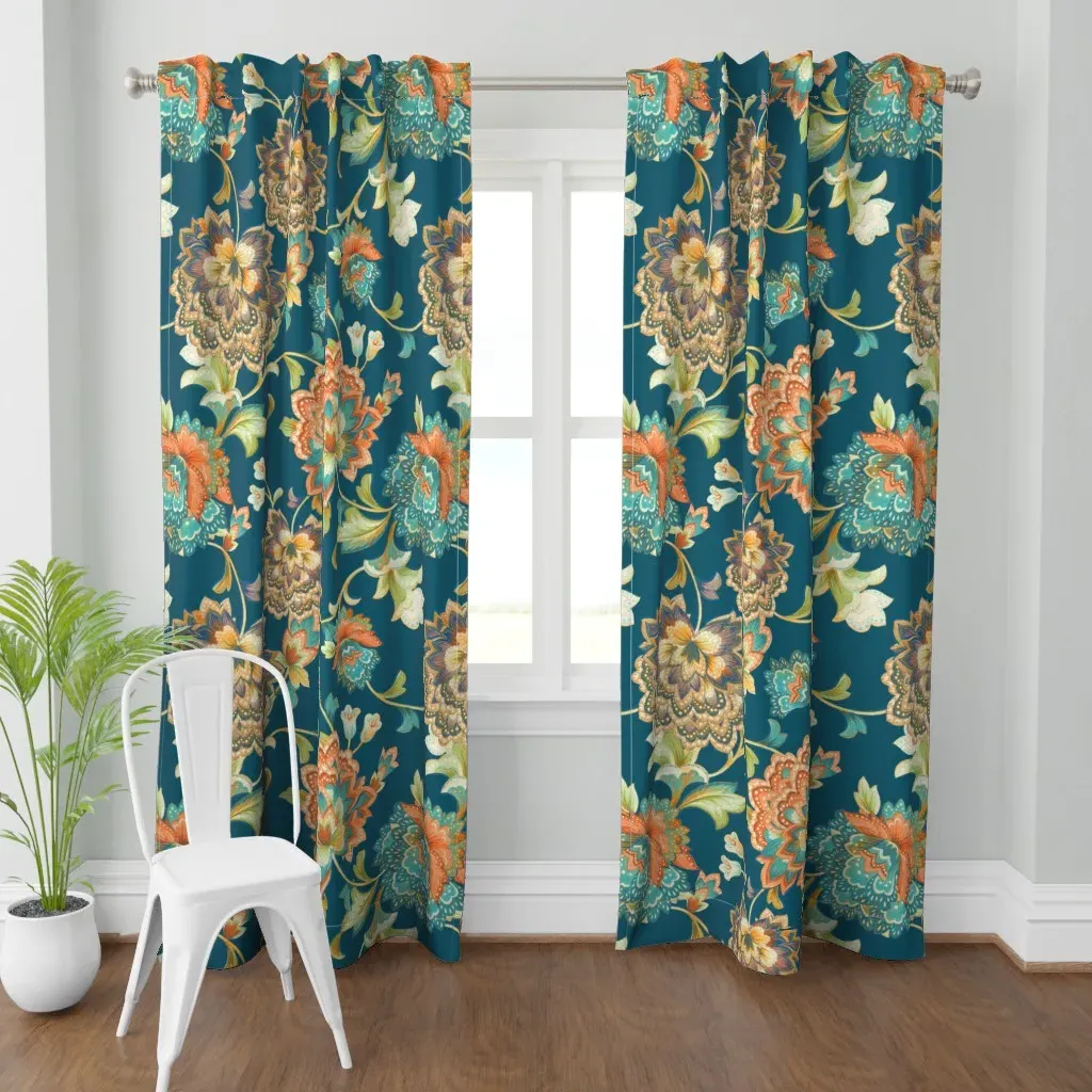 Chintz White Orange B Curtain Panel - Teal product