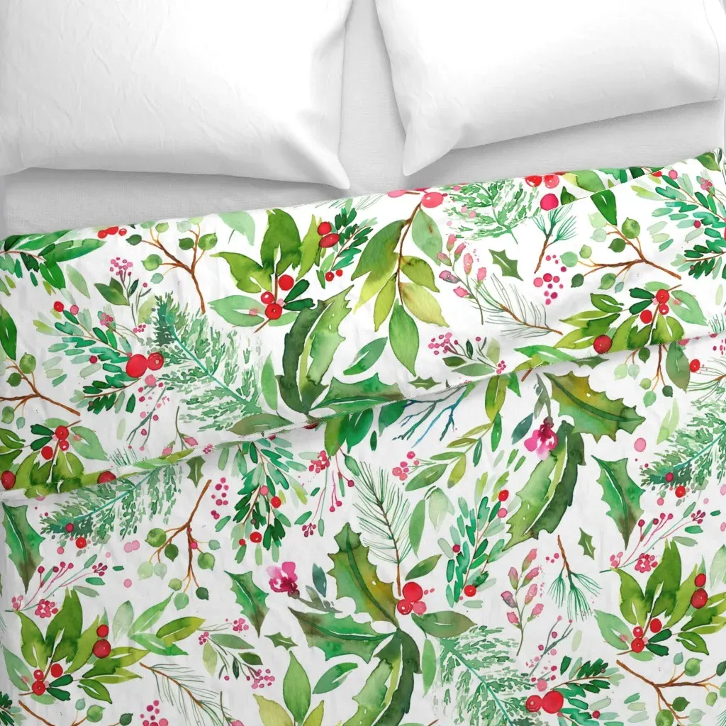 Christmas Botanical Watercolor Duvet Cover - Green alternate view