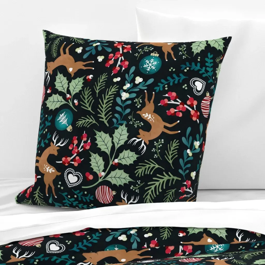 Christmas Deer Plants Decorations Ditsy Euro Pillow Sham - Dark Teal product
