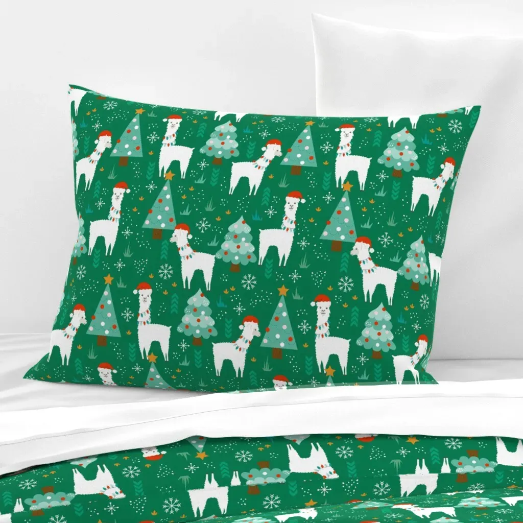 Christmas Llamas Standard Knife Edge Cushion Cover - Green, Cotton Sateen product