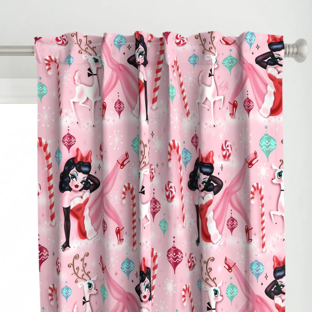 Christmas Pin Up Doll Curtain Panel - Pink alternate view