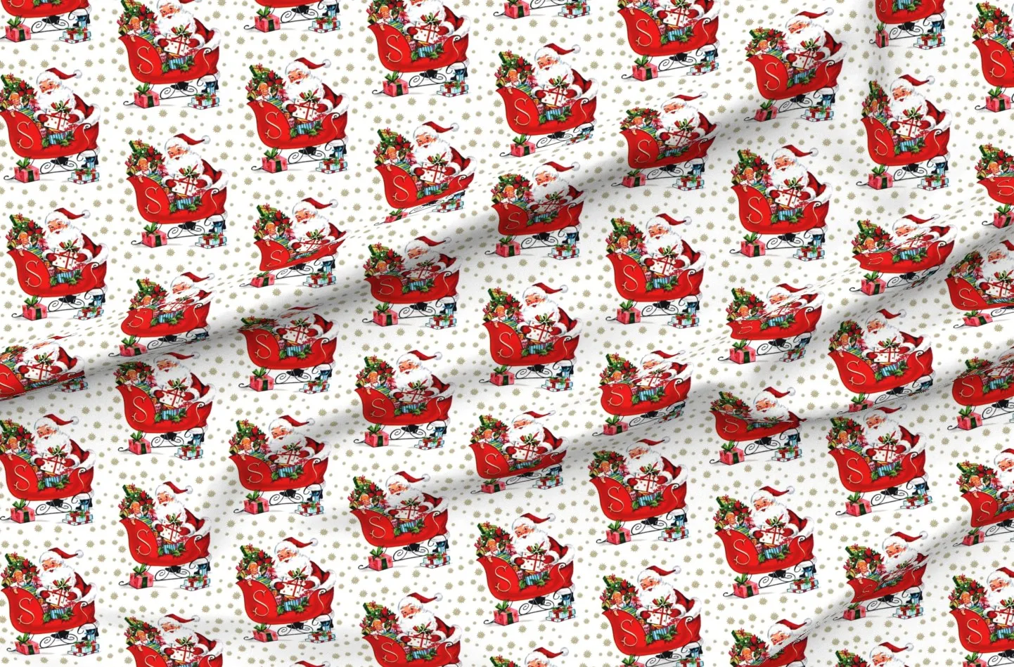 Christmas Santa Claus Snowflakes Print Fabric - Red, Sport Pique product