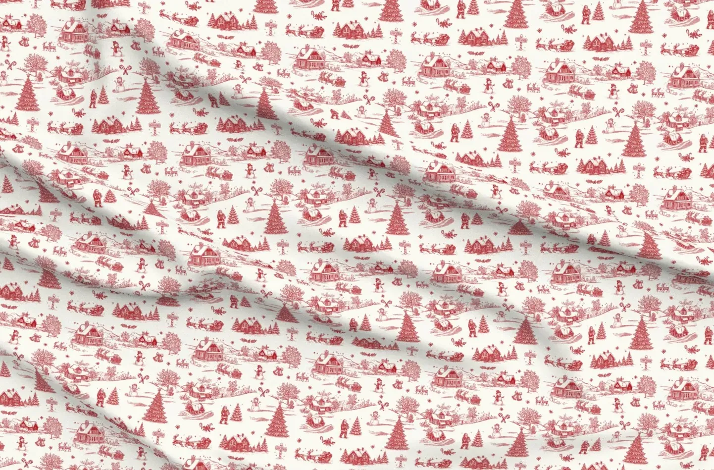 Christmas Toile Santa Reindeer Snowmen Fabric - Red, Pique product