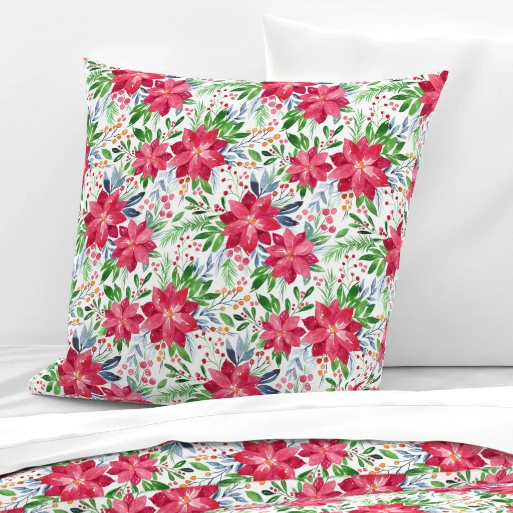 Christmas Watercolor Poinsettia Euro Pillow Sham - Pink product