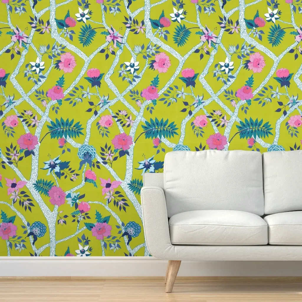 Citron Peony Branch Peel and Stick Wallpaper - Green, Pink product